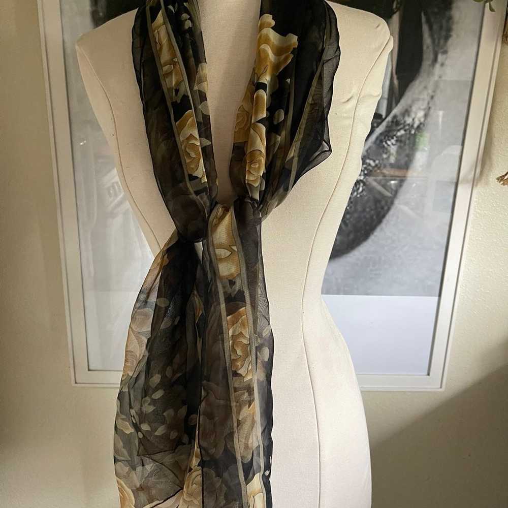 Vintage silk feel floral beige black long scarf 1… - image 10