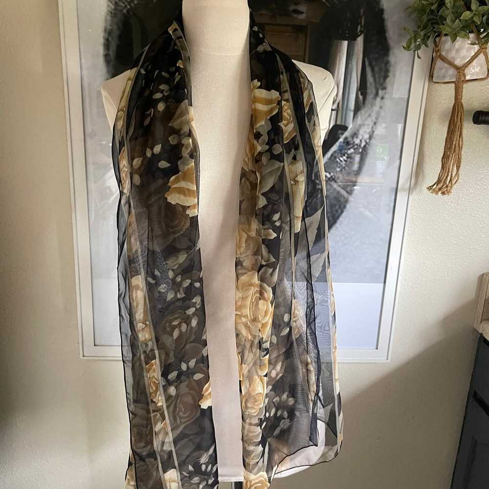 Vintage silk feel floral beige black long scarf 1… - image 11