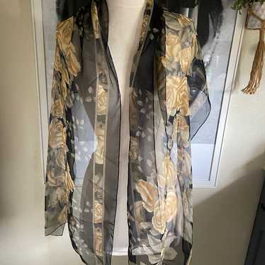 Vintage silk feel floral beige black long scarf 1… - image 1