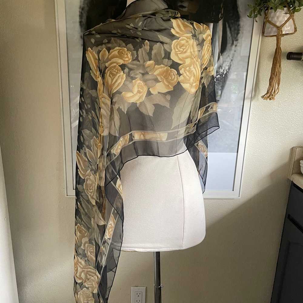 Vintage silk feel floral beige black long scarf 1… - image 2