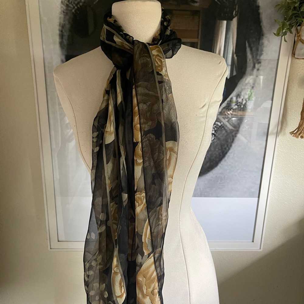 Vintage silk feel floral beige black long scarf 1… - image 7