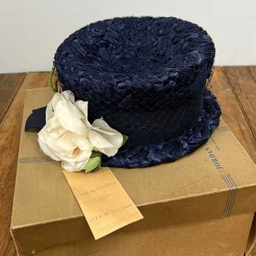 Vintage ladies woven bucket hat  navy floral - image 1