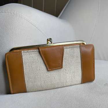 Vintage Brown Vegan Leather Canvas Cream Kisslock… - image 1