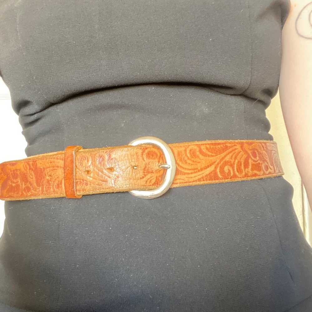 Vintage Tan Embossed Leather Belt 34 Silver Tone … - image 1