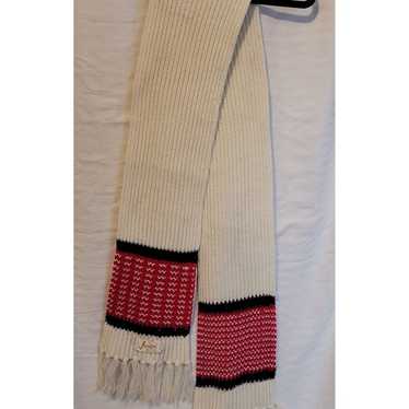 Vintage Acrylic Knit Scarf Fringe Ends Red Navy S… - image 1