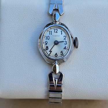 Vintage Ladies Timex Silver Tone Tiny Watch   6" - image 1