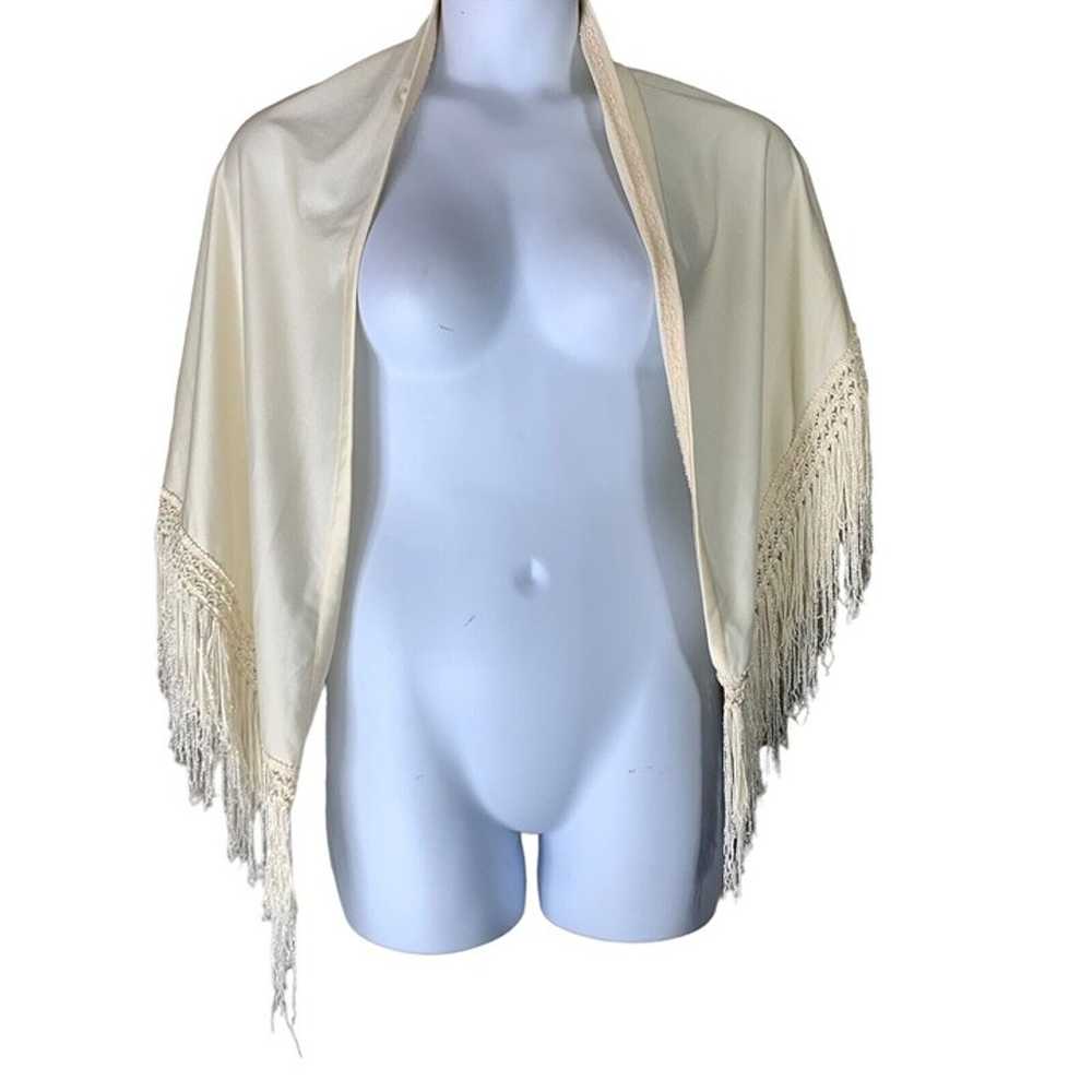 Vintage Shawl Wrap Fringe Ends Ivory Triangle Sha… - image 1