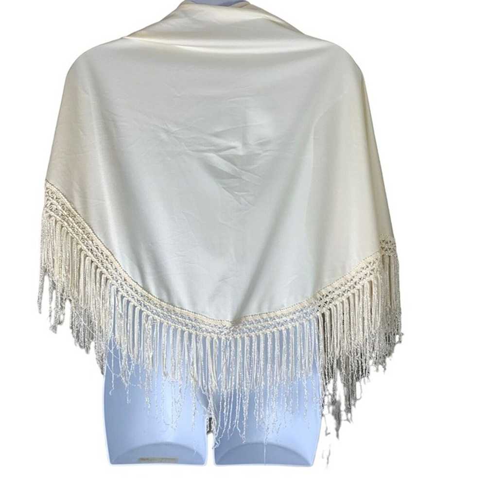 Vintage Shawl Wrap Fringe Ends Ivory Triangle Sha… - image 2