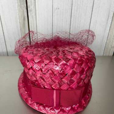 Vintage Bright Pink Raffia Staw basket weave Ladi… - image 1