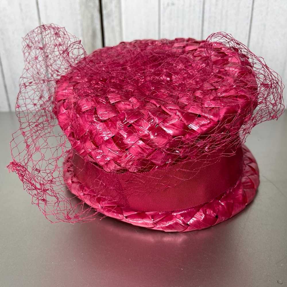 Vintage Bright Pink Raffia Staw basket weave Ladi… - image 2