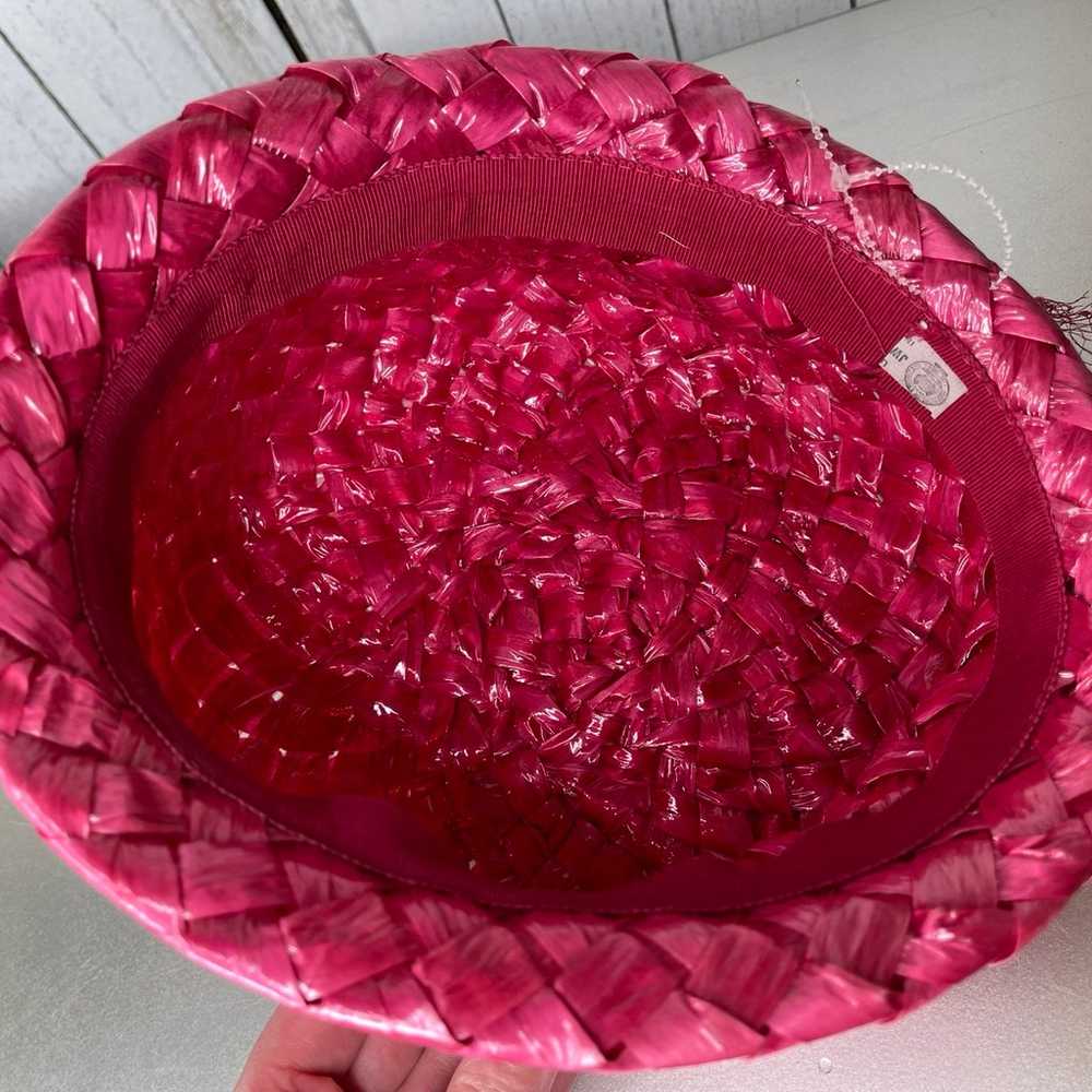 Vintage Bright Pink Raffia Staw basket weave Ladi… - image 4