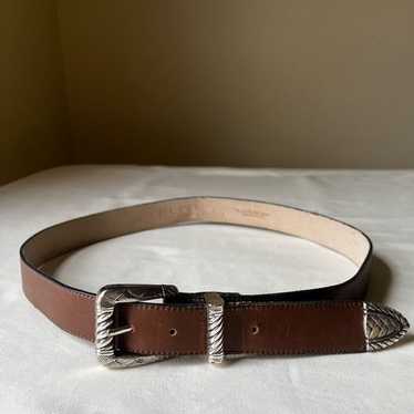 Vintage Western Cowboy Belt Brown Leather Silver … - image 1