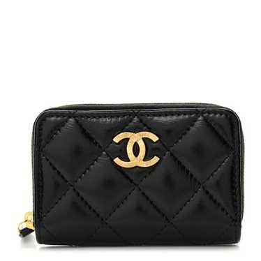 CHANEL Shiny Lambskin Quilted CC Zip Coin Purse Bl