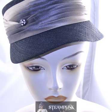 VINTAGE 1940S BLACK SMALL BRIM SILVER OMBRE SATIN… - image 1