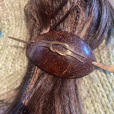 Vintage 1980 coconut shell hair barrette ponytail… - image 1