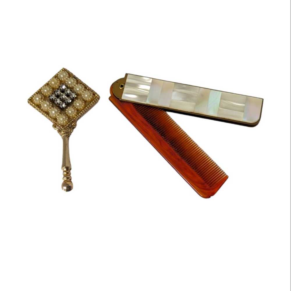 Vintage Folding Mirror Comb Set MOP Pearls & Rhin… - image 1