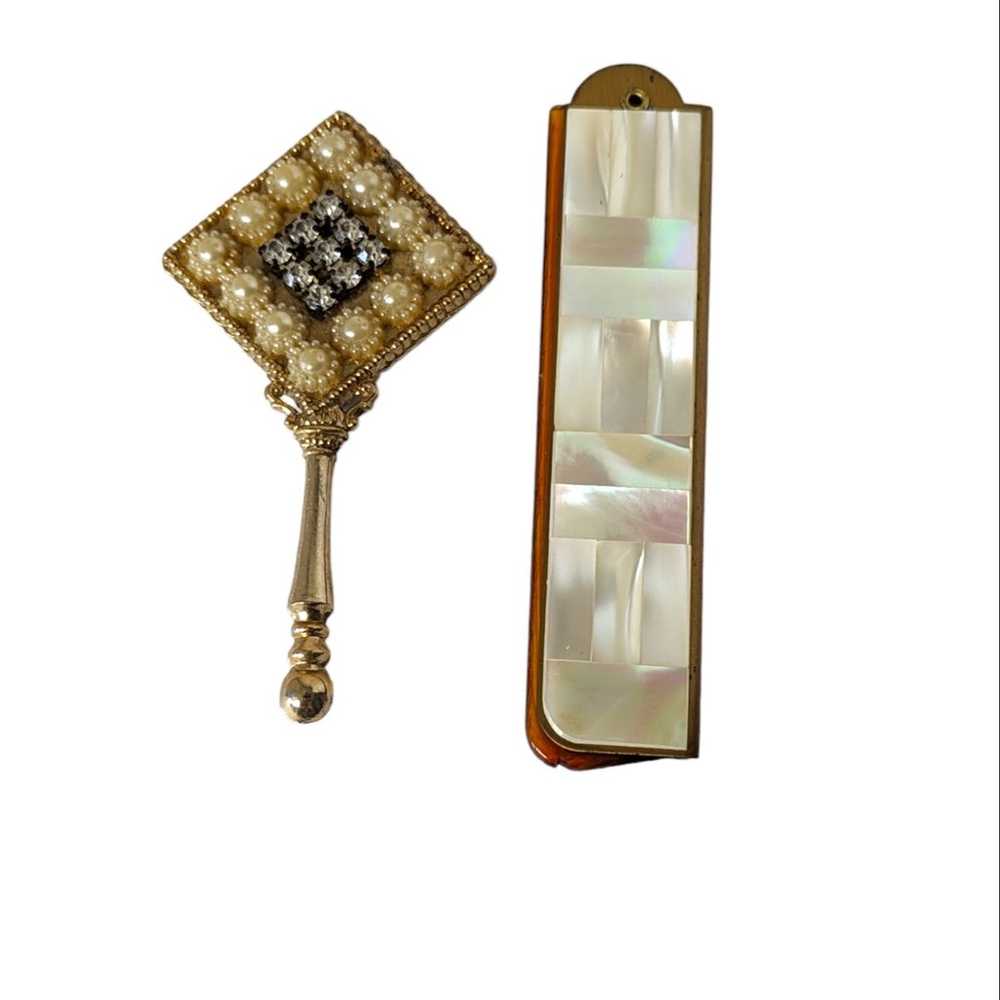 Vintage Folding Mirror Comb Set MOP Pearls & Rhin… - image 3