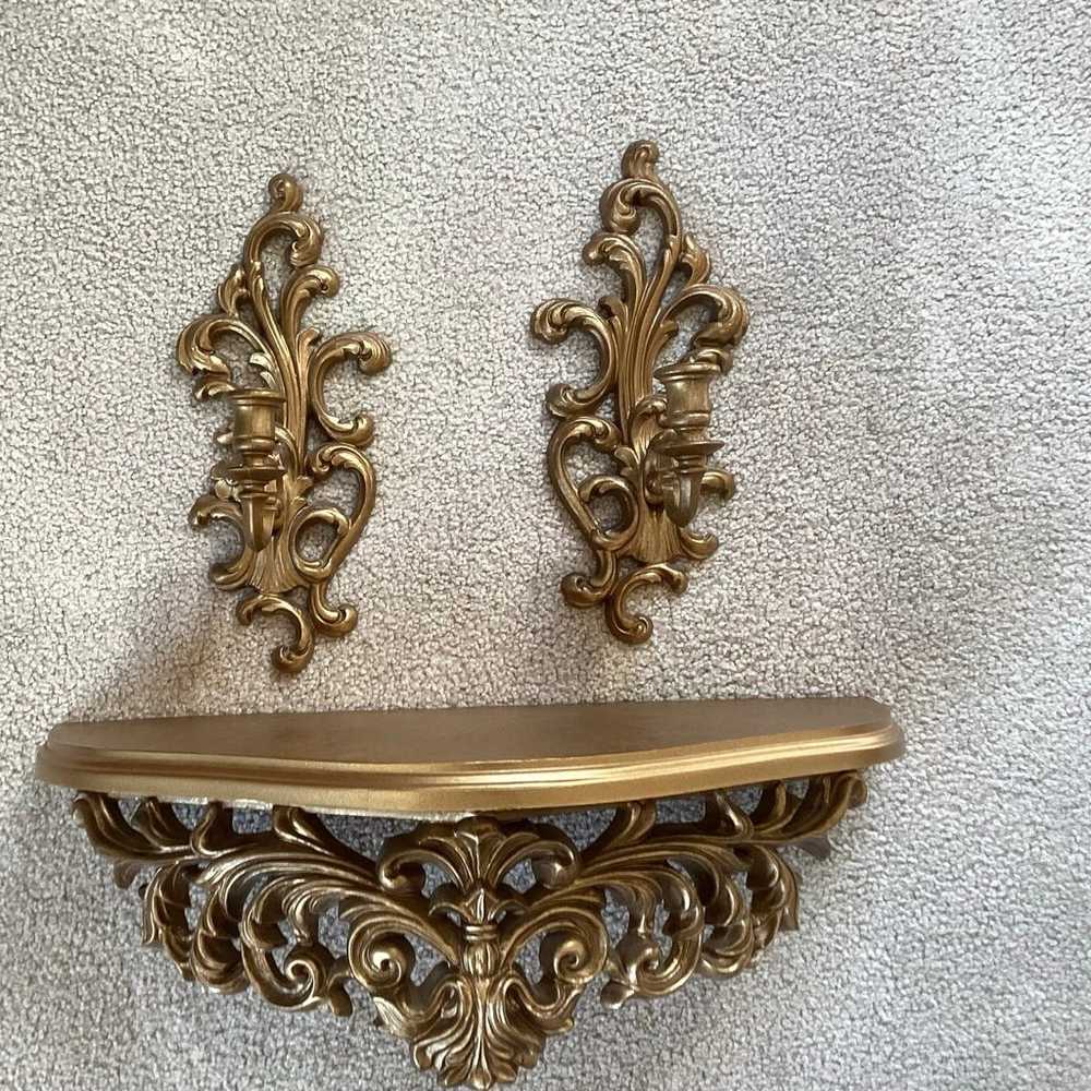 Vintage Gold Ornate Shelf With 2 Sconces - image 1