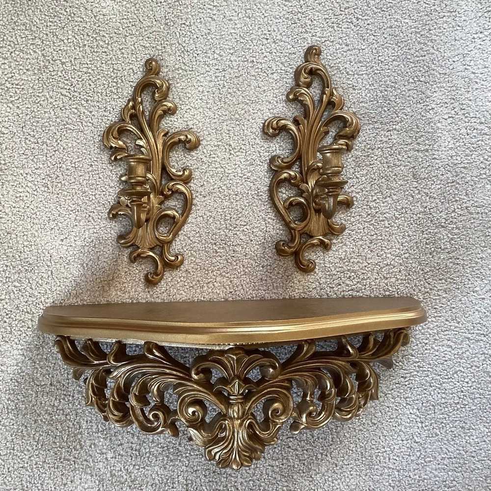 Vintage Gold Ornate Shelf With 2 Sconces - image 3