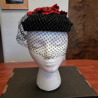 Vintage Black Velvet Hat with Red Leaf Cluster on… - image 1