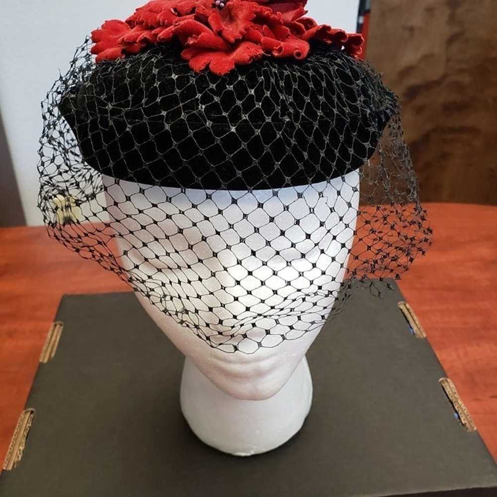 Vintage Black Velvet Hat with Red Leaf Cluster on… - image 2