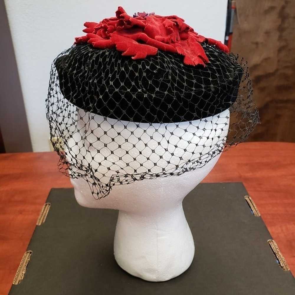 Vintage Black Velvet Hat with Red Leaf Cluster on… - image 3