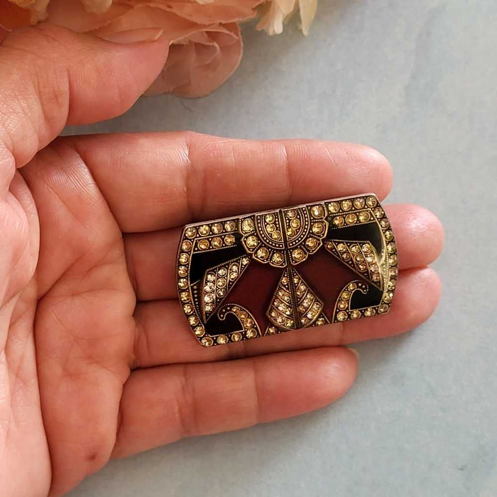 Vintage Art Deco Red Enamel & Rhinestone Brooch - image 4