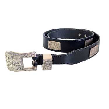 Olga Santini Vintage Black Leather Belt Silver Flo