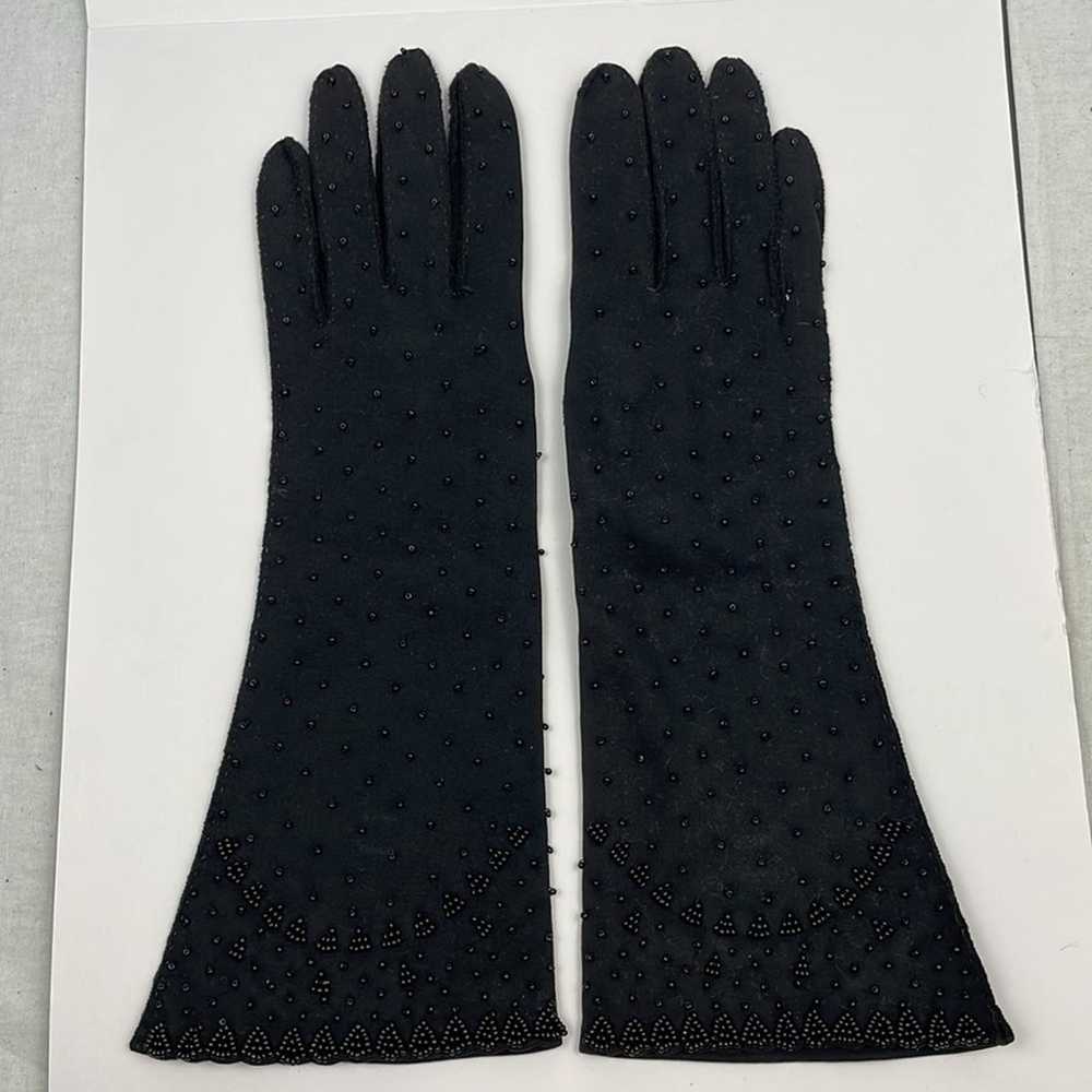 Vintage Black Leather Beaded Gloves - image 2