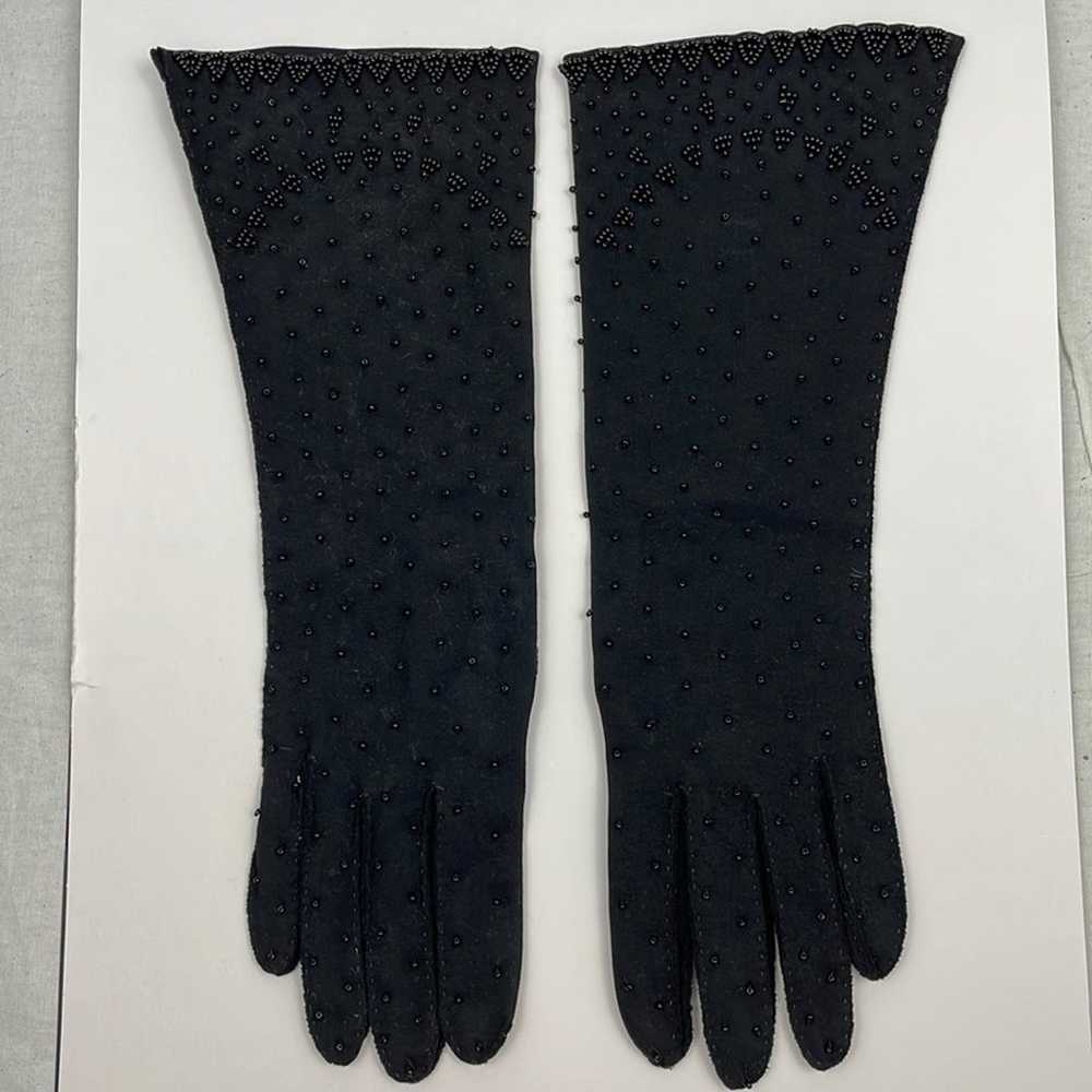 Vintage Black Leather Beaded Gloves - image 3