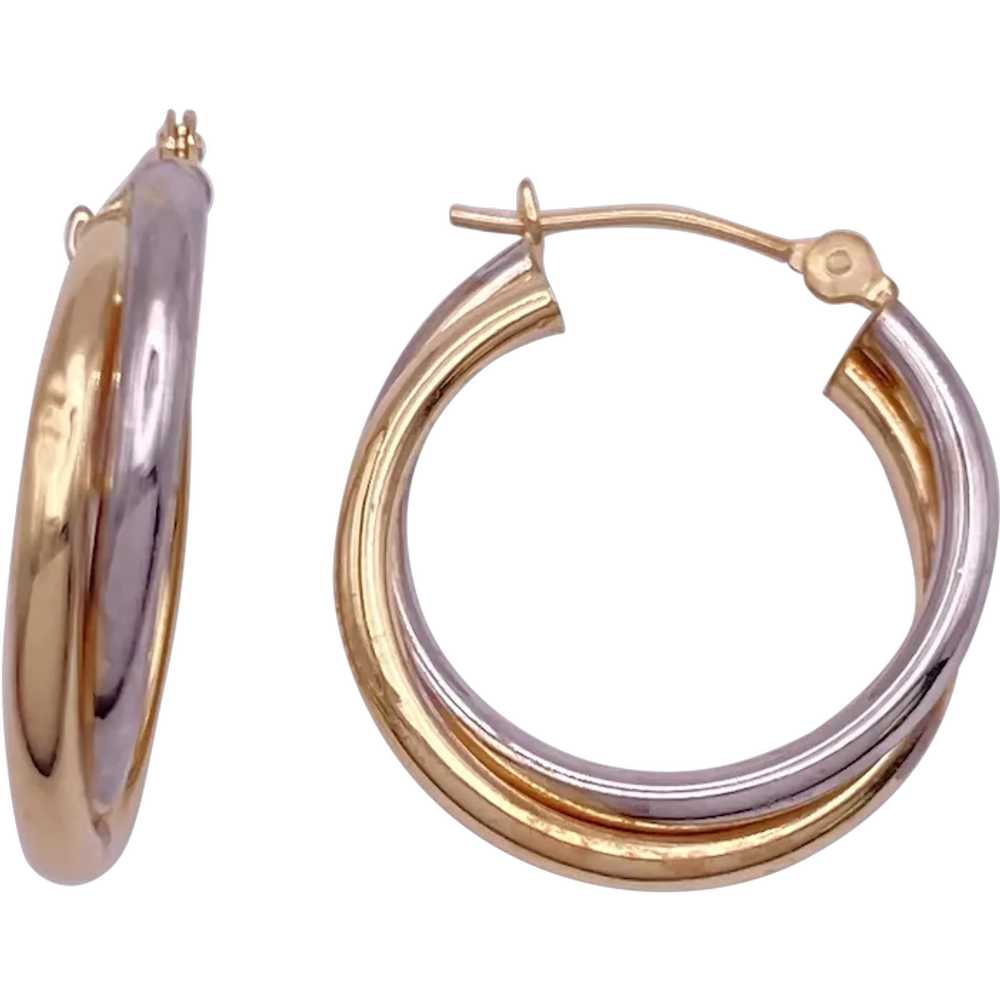 Double Hoop Cross-Over Earrings 14K Two-Tone Gold… - image 1