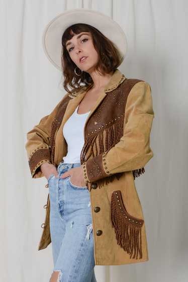 Scully Two Tone Studded Fringe Suede Jacket