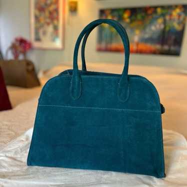 NWOT Margaux style 15” peacock blue Suede tote