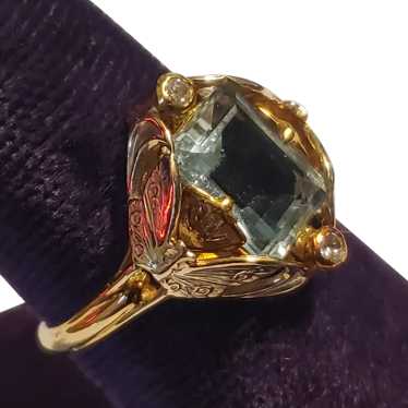 Beautiful 18k Gold Diamond Aquamarine Butterfly R… - image 1