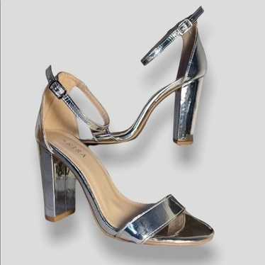 Akira Mirror Silver Ankle Strap Chunky Heel Sandal