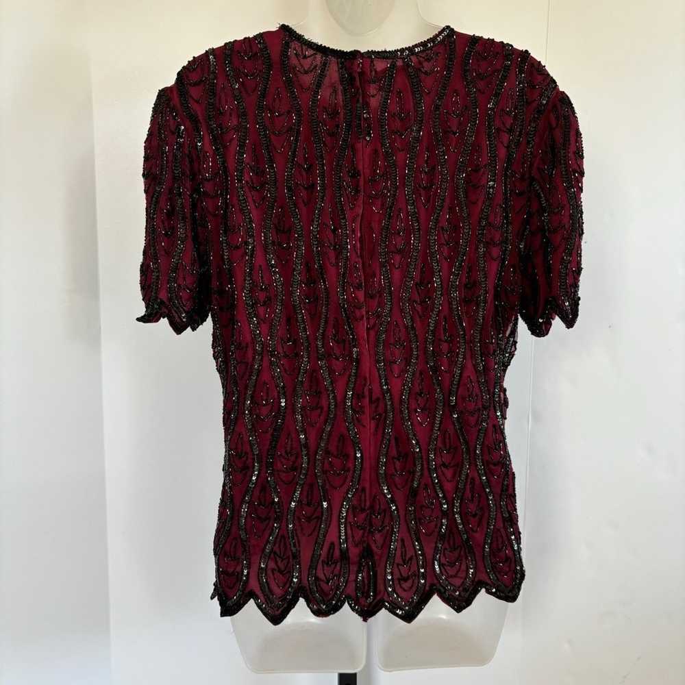 Vintage Stenay Beaded Silk Top Wine Red Black Whi… - image 5