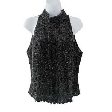 Vintage Black Silk Sleeveless Beaded Halterneck T… - image 1