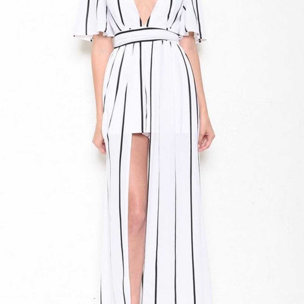 ELEGANT BLACK STRIPE OPEN BACK WHITE MAXI ROMPER - image 4