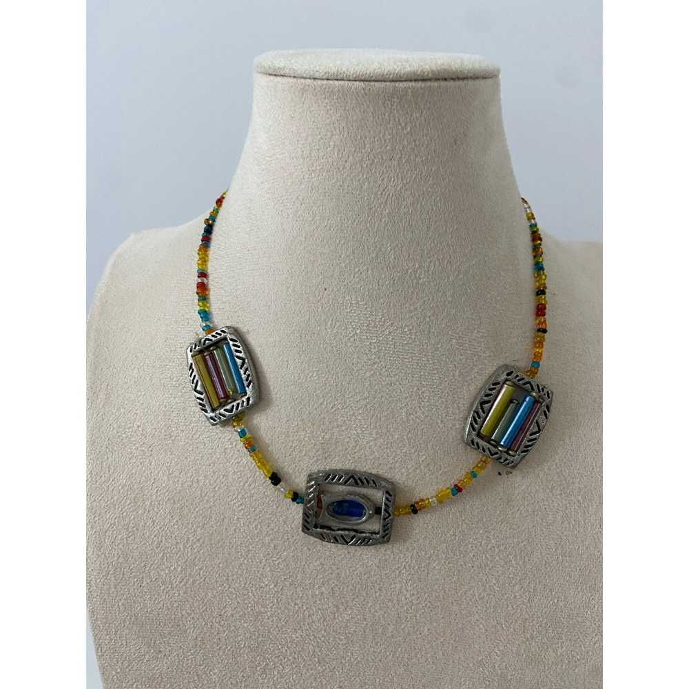 Generic 90s colorful beaded necklace with etched … - image 1