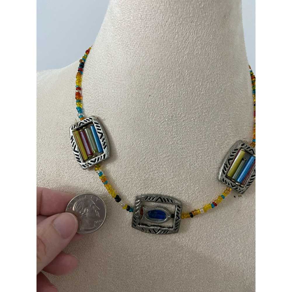 Generic 90s colorful beaded necklace with etched … - image 2