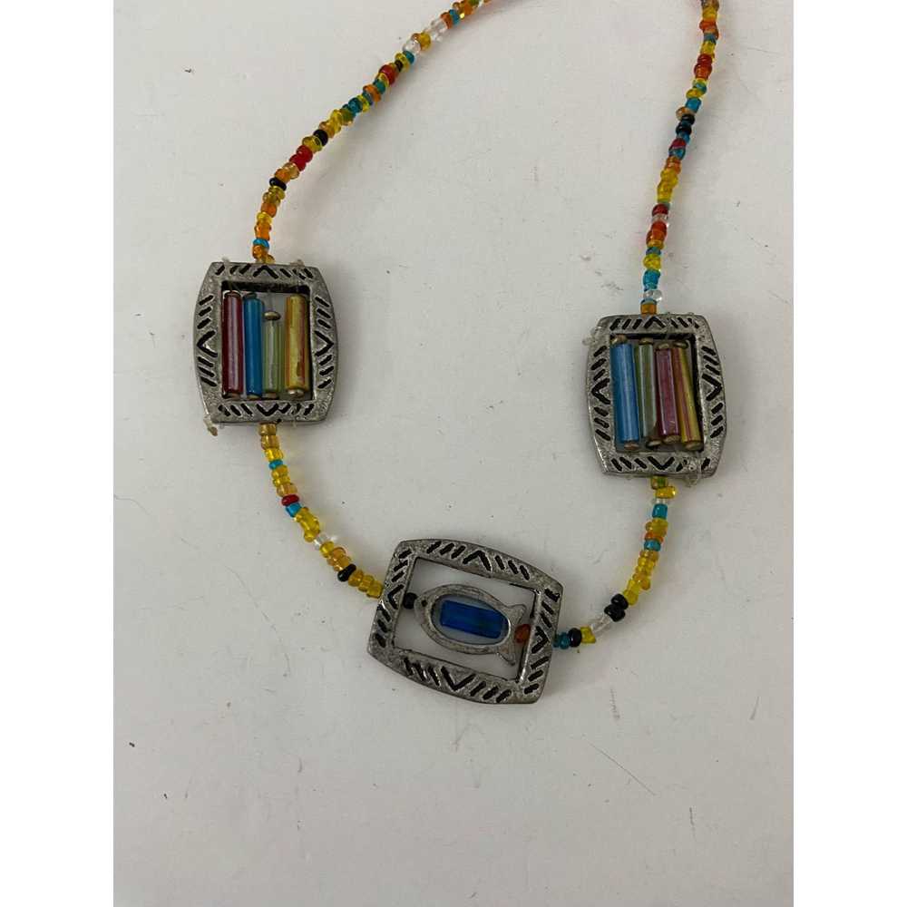 Generic 90s colorful beaded necklace with etched … - image 4