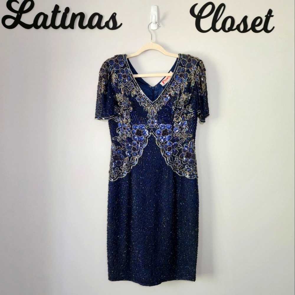 Vintage Navy Blue Silk Beaded Short Sleeve Cockta… - image 1