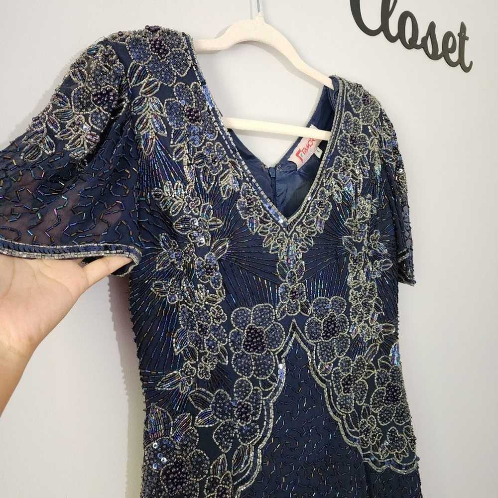 Vintage Navy Blue Silk Beaded Short Sleeve Cockta… - image 2