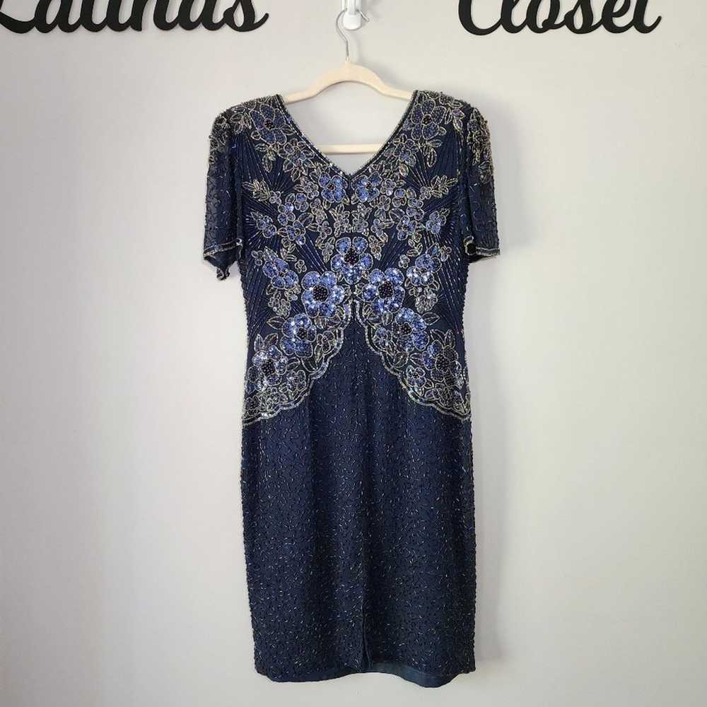 Vintage Navy Blue Silk Beaded Short Sleeve Cockta… - image 4