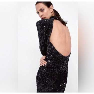 ZARA WOMAN SHOULDER PADS SEQUIN DRESS BLACK  Size… - image 1