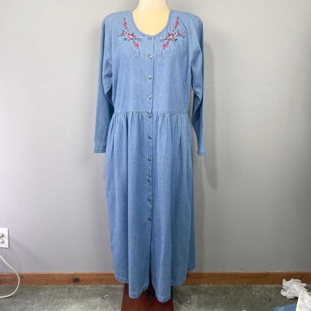 Vintage Denim Dress Size L New Look Floral Embroi… - image 1