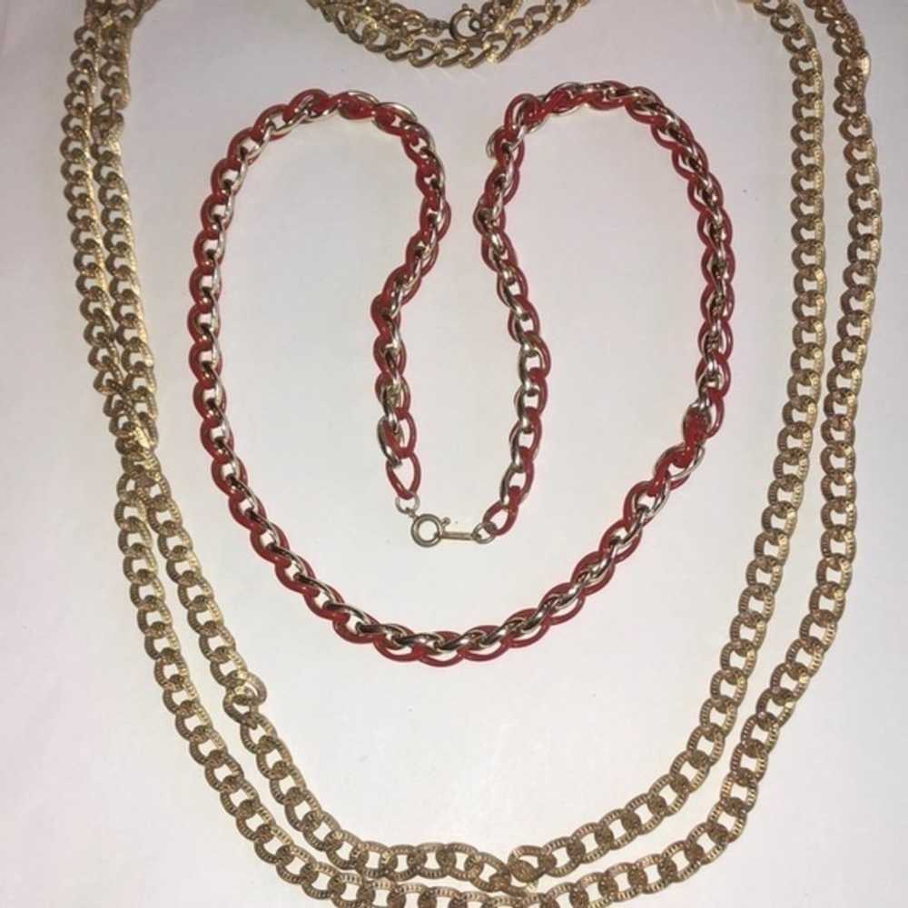 Lot of 2 Vintage Gold Tone Chains Red Enamel Link… - image 1