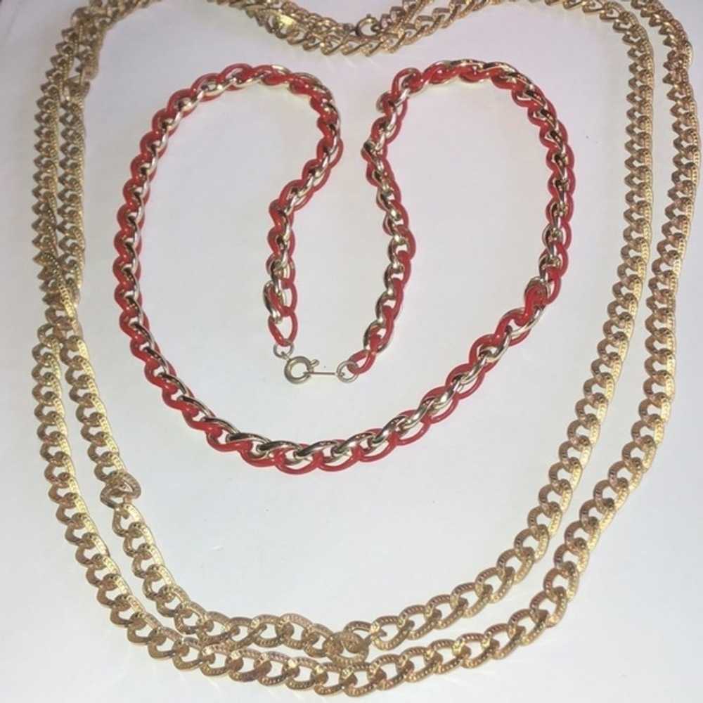 Lot of 2 Vintage Gold Tone Chains Red Enamel Link… - image 4