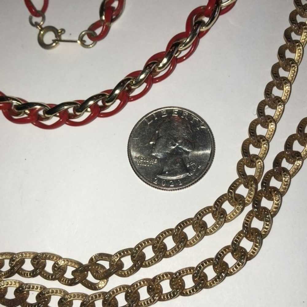 Lot of 2 Vintage Gold Tone Chains Red Enamel Link… - image 5