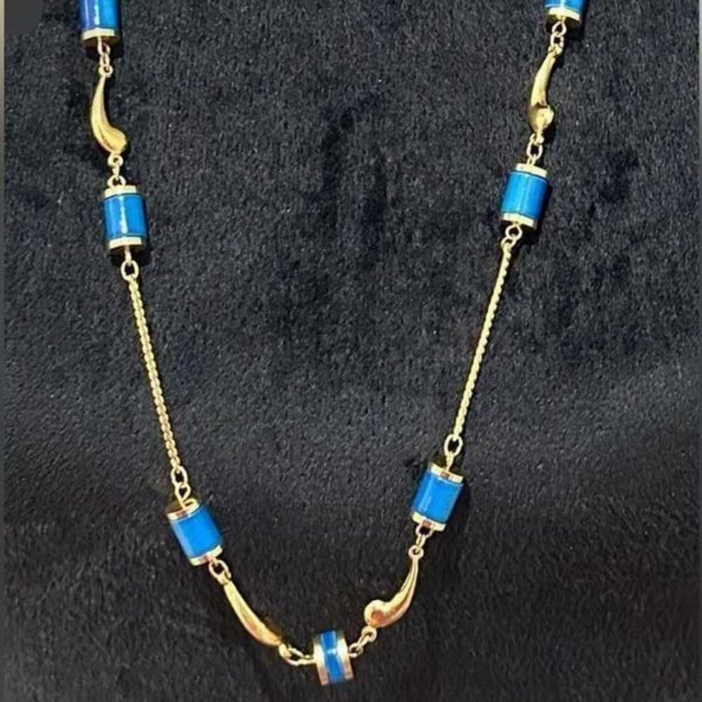 Vintage Gold Tone & Blue Station Necklace 30” - image 2